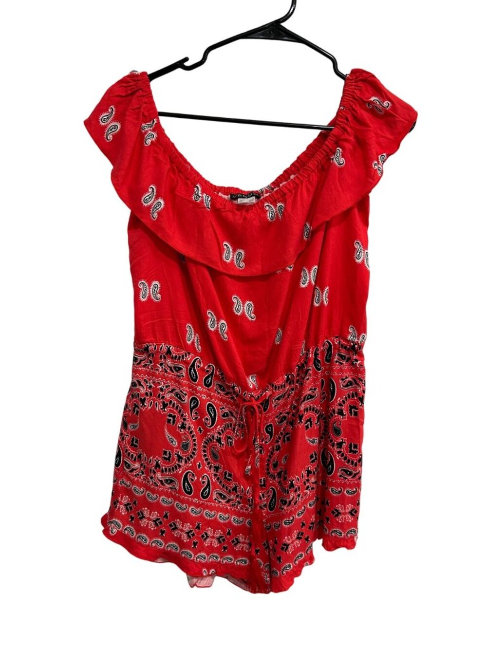 Venus Medium Red Paisley Print Off Shoulder Baby Doll Romper Boho Festival